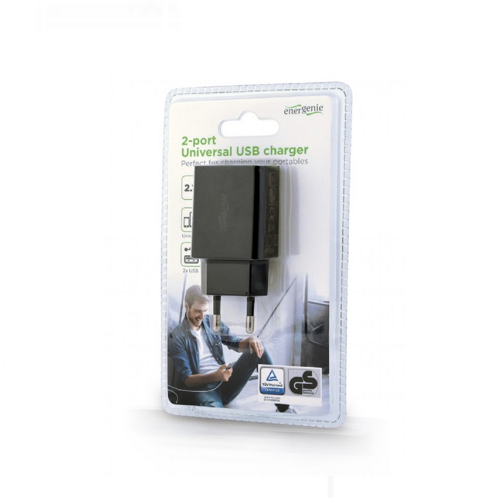 Gembird Alimentatore di ricarica 5v - 2,4a - 2 ingressi usb 12w, Nero