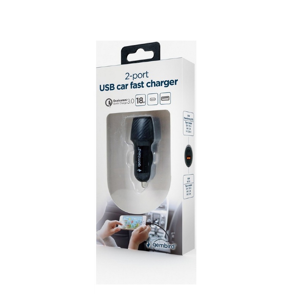 Gembird carica batteria per auto Fast 18w USB & Type-C