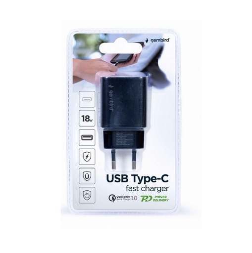 Gembird Caricatore rapido 18w USB/TYPE-C, nero