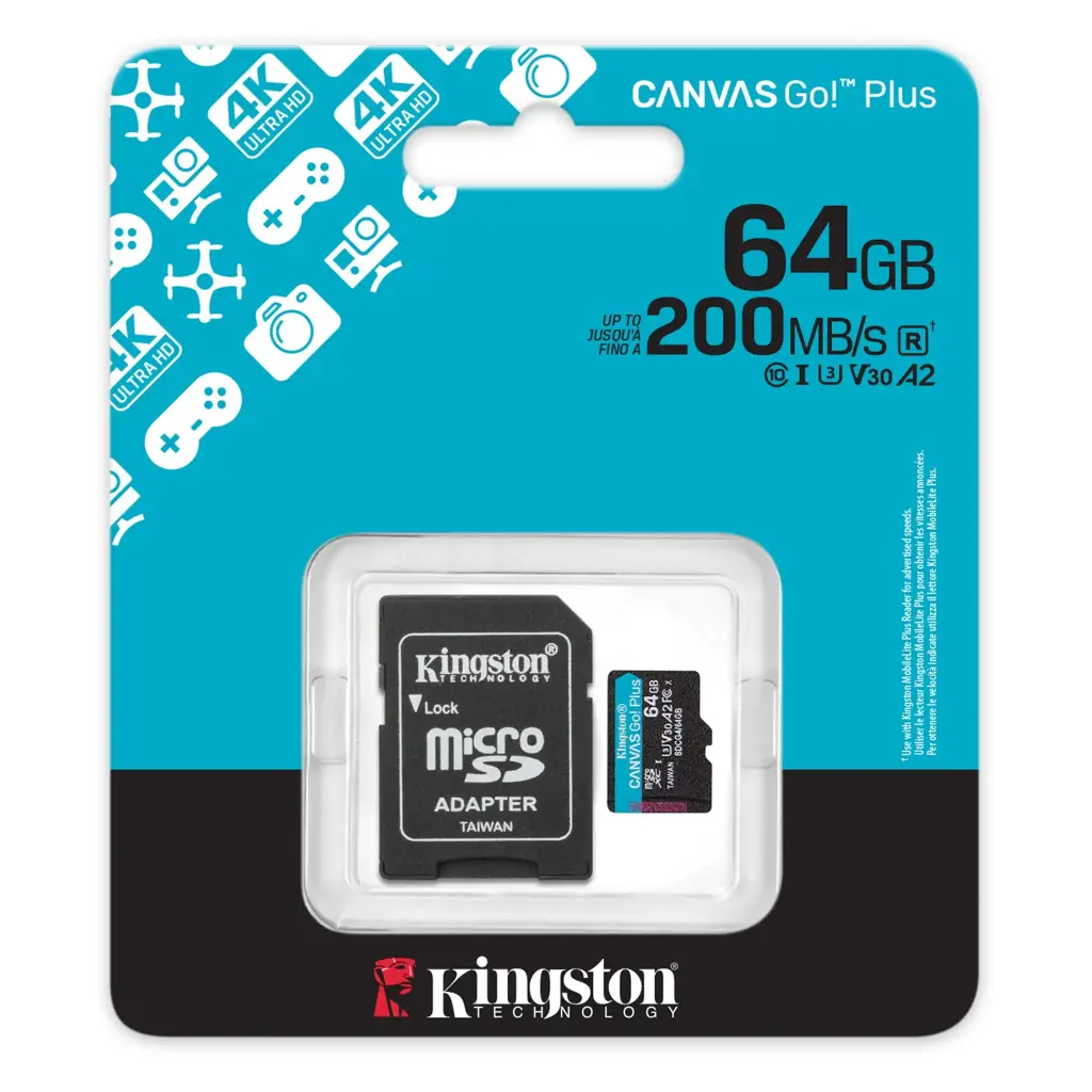 Kingston Micro SD con Adat. 64GB C10 u3 v30 A2 200MB/s