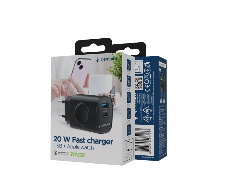 Gembird Caricabatterie rapido ingresso USB & Type-C 20 W 3.0 , anche per smartwatch, Nero