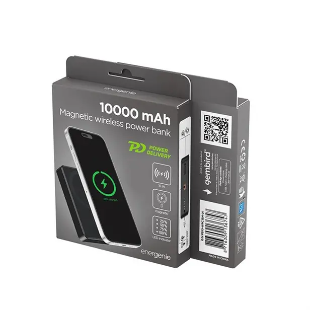 Gembird Powerbank wireless magnetico da 15 W, 10000 mAh, nero