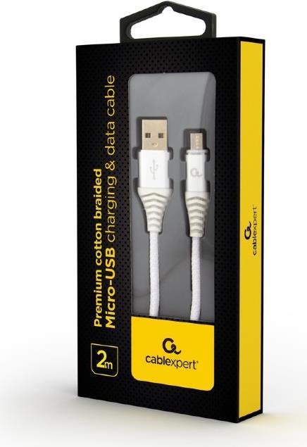 Cablexpert Cavo Premium telato Micro-USB charging and data cable, 2 m, silver/white
