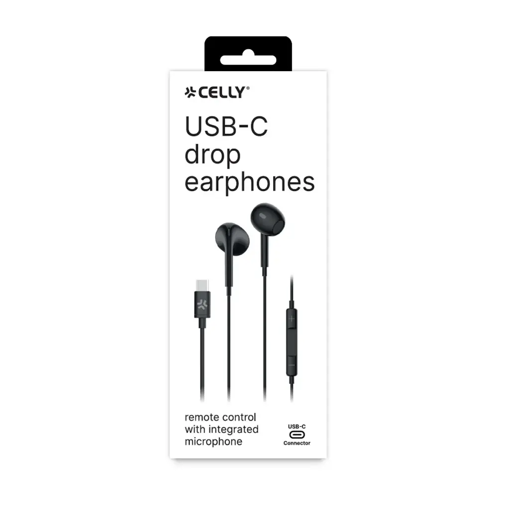 Celly Auricolare stereo a filo con presa USB-C, capsule a goccia, microfono incorporato, controllo remoto, lunghezza cavo 1.2 metri , nero