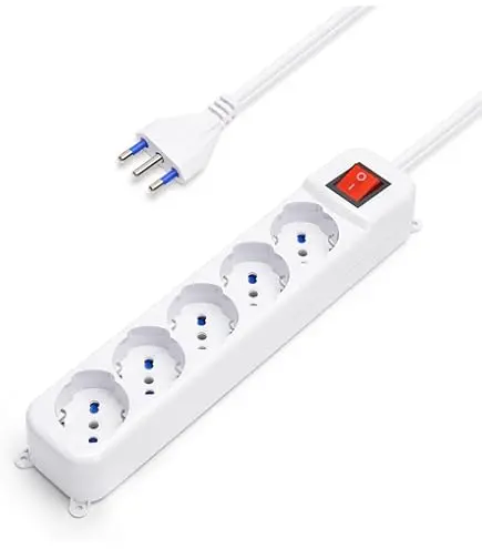 Multipresa a 5 vie Shuko/Bipasso con interruttore 10A  1,5m  bianca