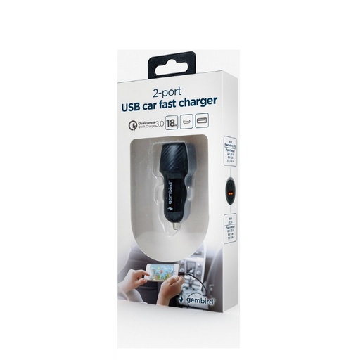 [TA-U2QC3-CAR-02] Gembird carica batteria per auto Fast 18w USB & Type-C