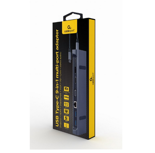[A-CM-COMBO09-01] Cablexpert Add. multiporta 9-in-1 USB Type-C (Hub3.0 + HDMI + DisplayPort + VGA + PD + LAN + stereo audio)