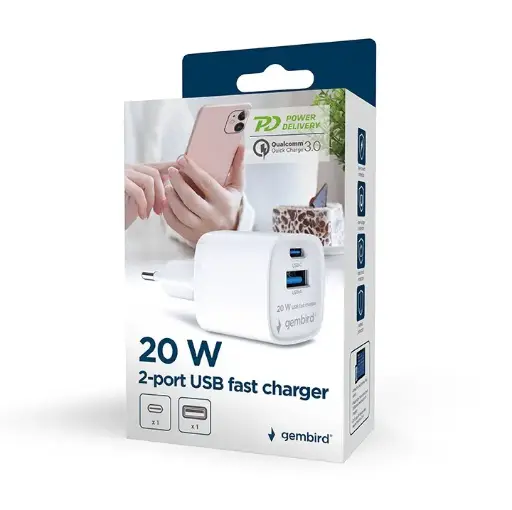 [TA-UC-PDQC20-01-W] Gembird Caricatore rapido USB a 2 porte da 20 W 1 USB e 1 type-c 3.0