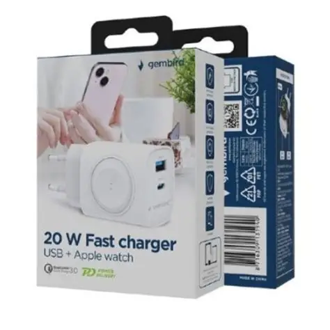 [TA-UC-PDQCW20-01-W] Gembird Caricabatterie rapido ingresso USB & Type-C 20 W 3.0 , anche per smartwatch, Bianco 