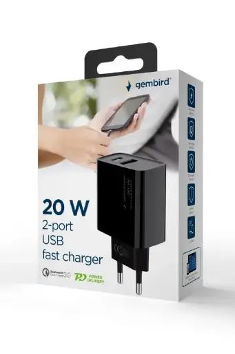 [TA-UC-PDQC20-01-BK] Gembird Caricatore rapido USB a 2 porte da 20 W 1 USB e 1 type-c 3.0 , nero