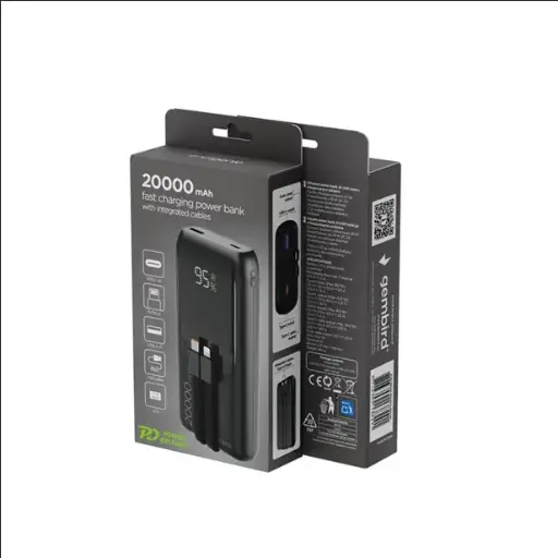 [PB20-PD20-LCD-01] Gembird Power bank da 20 W con ricarica rapida e cavi integrati, 20000 mAh, nero