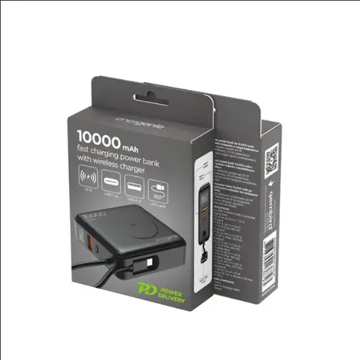 [PB10-WPC15-LCD-01] Gembird Power bank a ricarica rapida da 20 W con caricabatterie wireless, 10000 mAh, nero