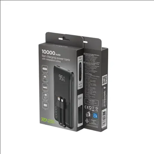 [PB10-PD20-LCD-01] Gembird Power bank a ricarica rapida da 20 W con cavi integrati, 10000 mAh, nero